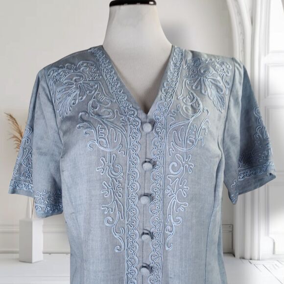 Vintage Sarah Elizabeth Linen Blend Sheath Maxi Dress Size 12 Button Embroidery - Picture 4 of 16